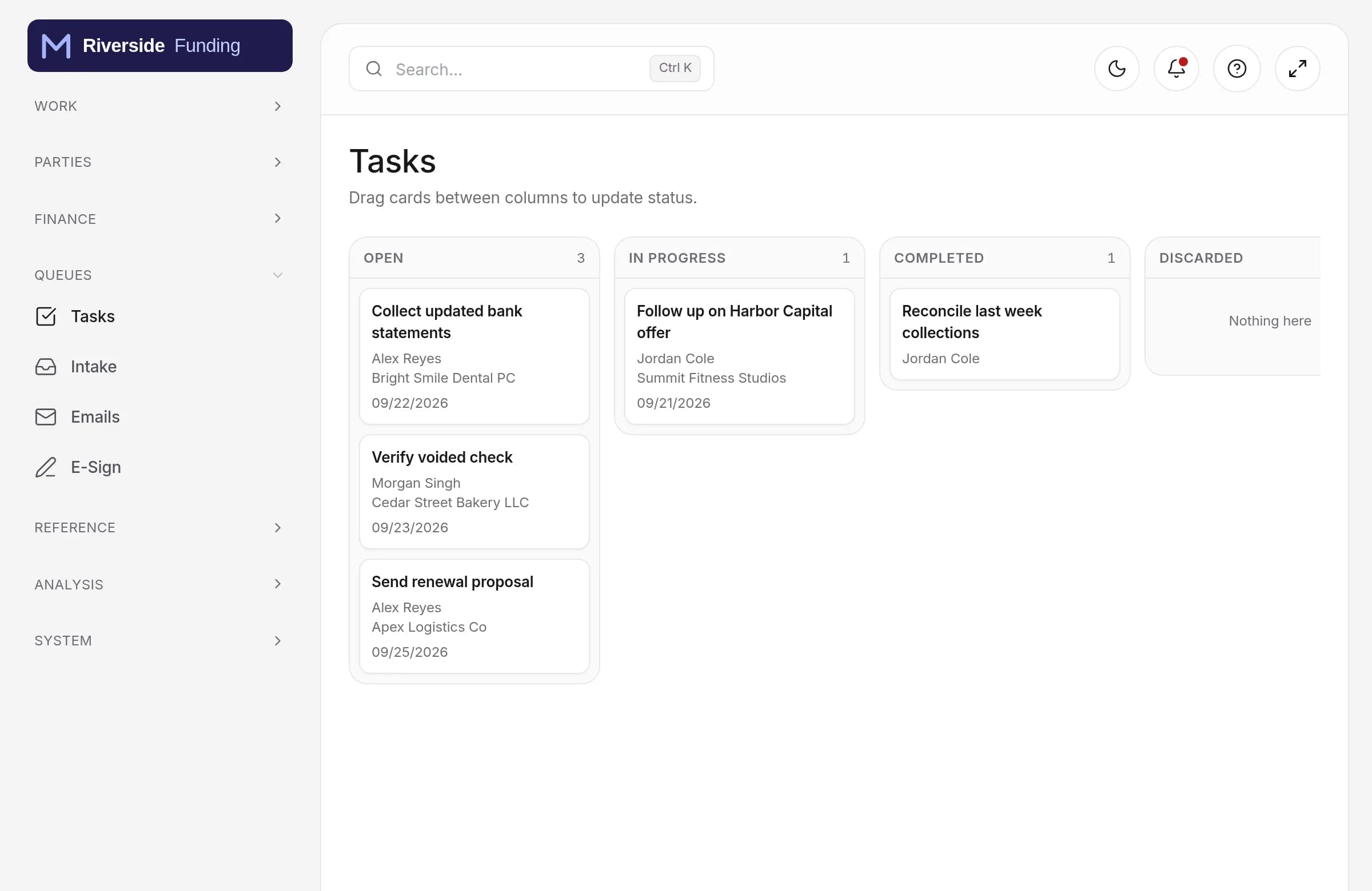 Tasks: the work queue as a board with open, in-progress and completed columns