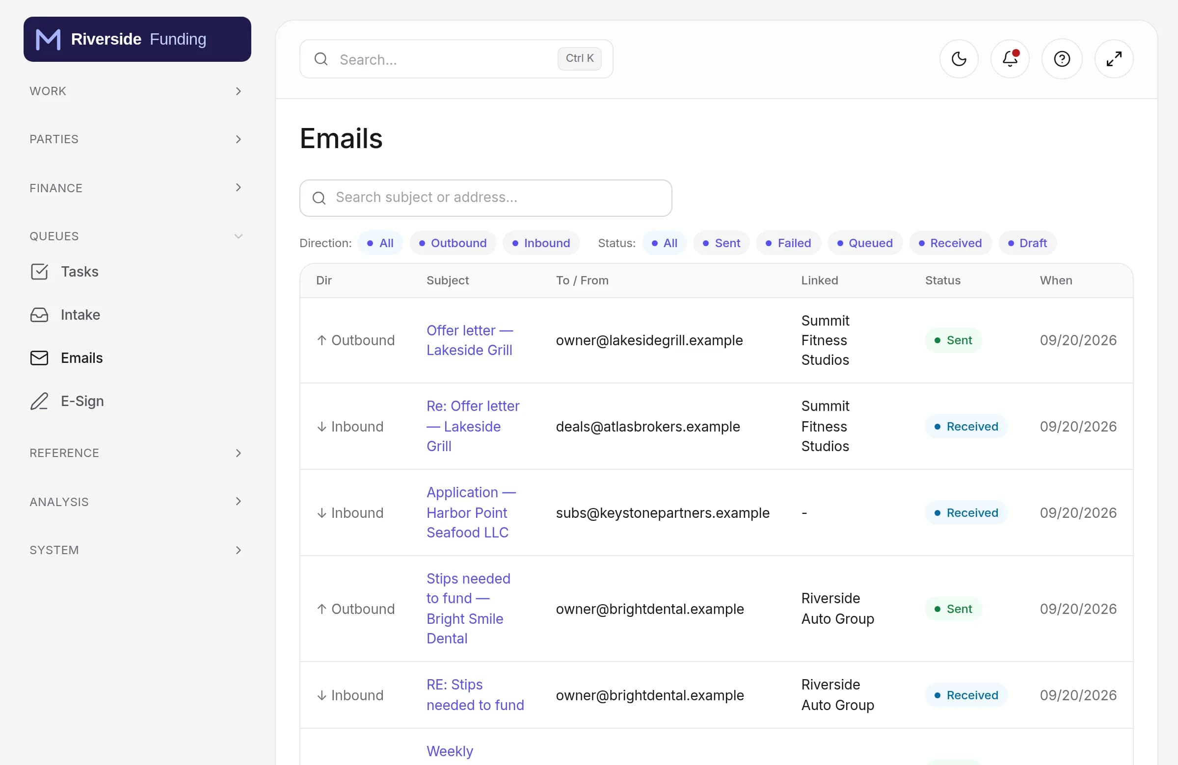 Emails: inbound and outbound mail linked to deals, with status