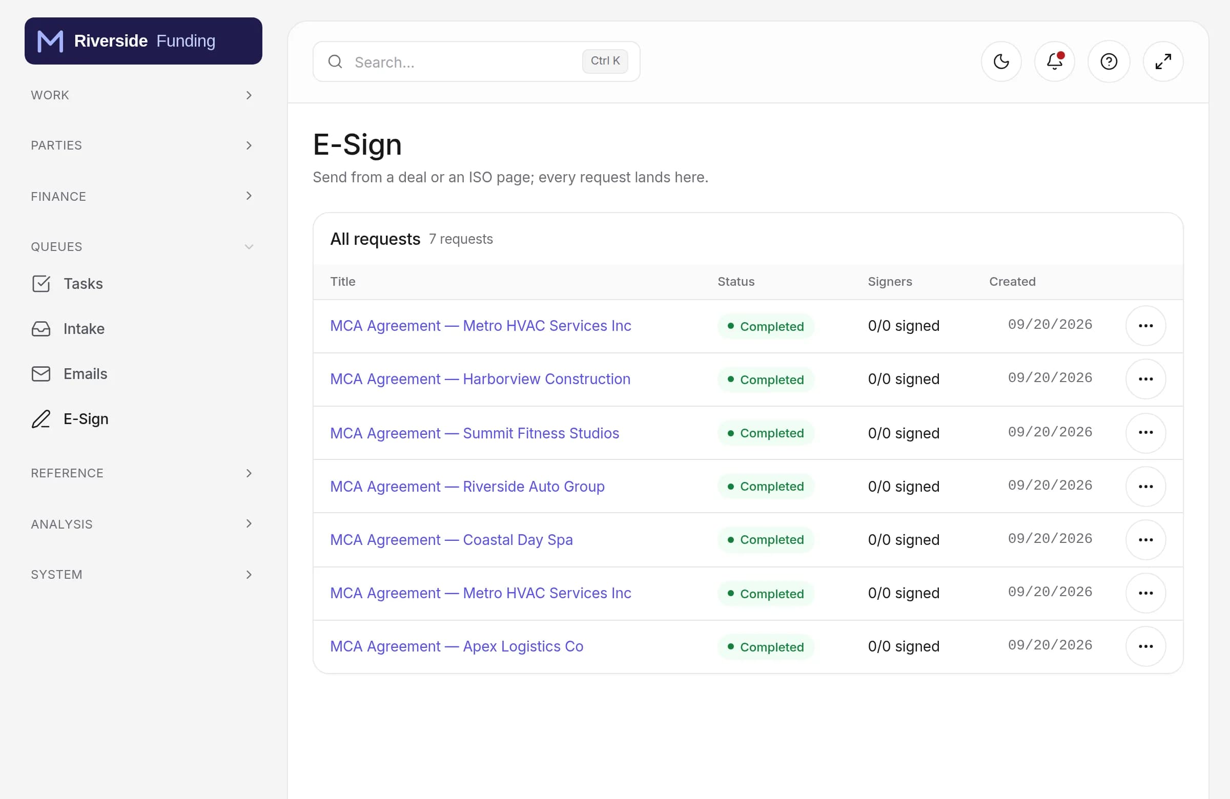 E-Sign: every signature request with status, signers and a row action menu