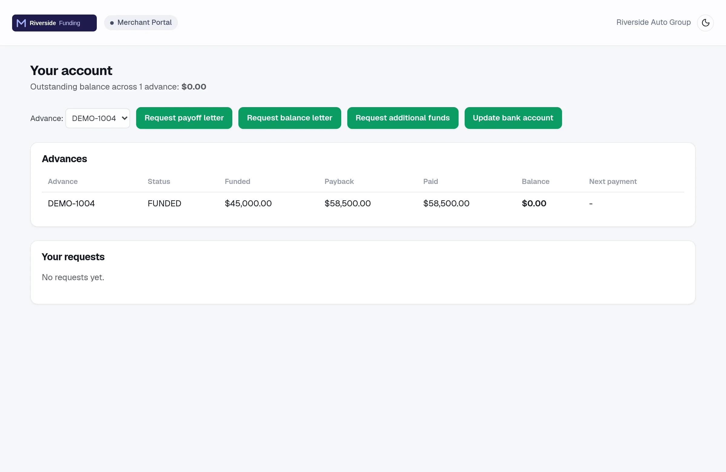 The merchant portal: advances, balance, and self-service requests for payoff letters and additional funds